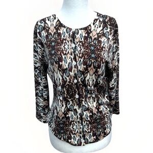 Garnet Hill Cardigan Sweater 100% Merino Wool Leopard Print Women Sz M Stretch